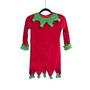 Girls Elf Costume Christmas Tunic Dress Belt Striped Socks Booties Hat 130 6-7